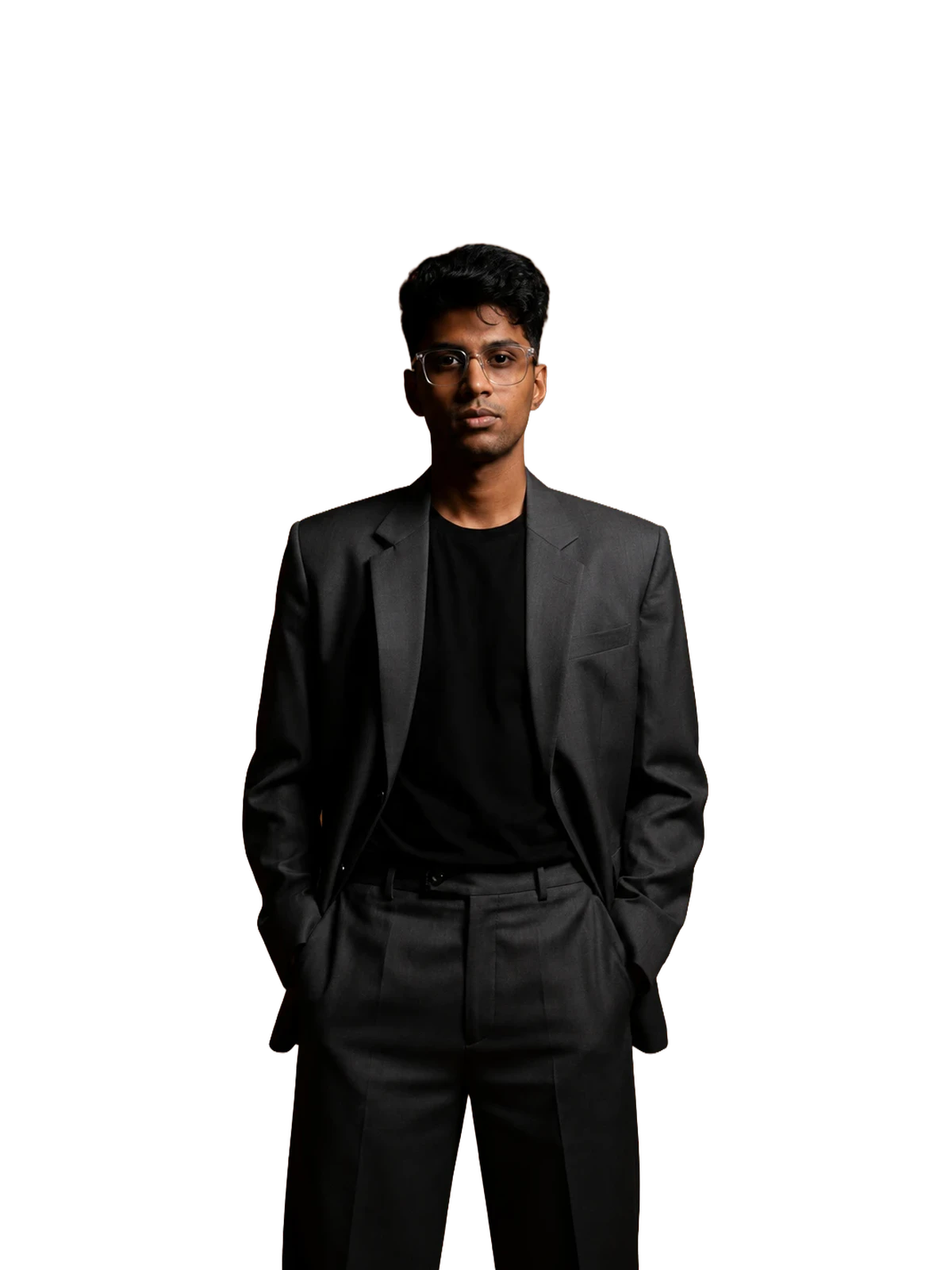 Parth Singh in a charcoal suit against a rust backdrop